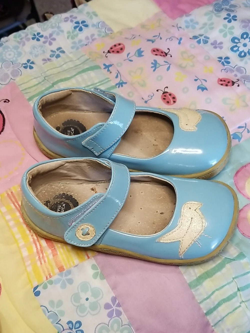 Livie & Luca Light Blue Patent Leather Mary Jane W/Glitter Bird Size 11 Pio Pio